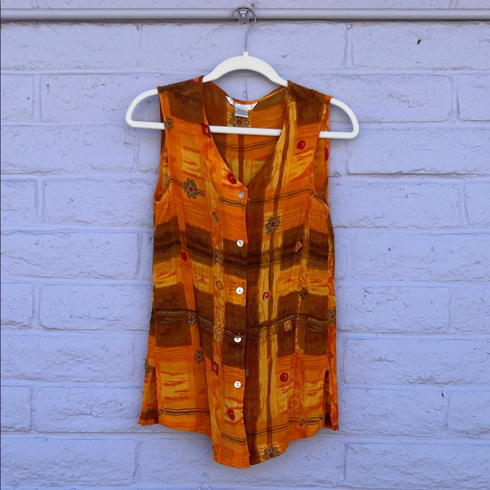 Vintage Partners Flowy Orange Sleeveless Button-Up Top